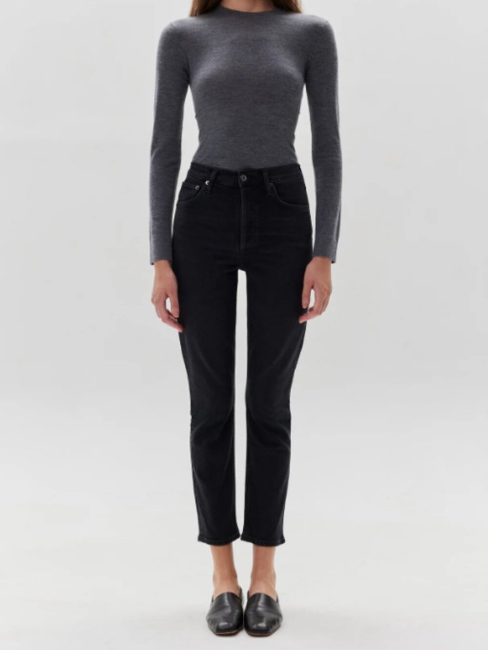 Agolde Riley Long High Rise Straight Leg Denim Jeans Washed‎ Black 25